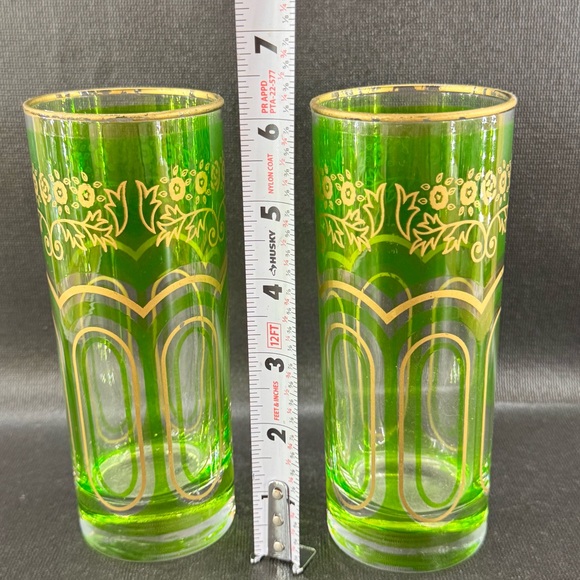 Vintage Moroccan Bohemian Lime Green Gold Paneled Tumbler Glass Set Of 2 - Picture 6 of 6